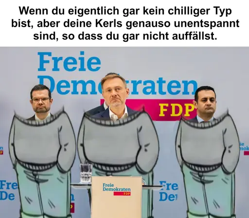 Sehr unentspannt dreinblickende FDP-Heinies (Buschmann, Lindner, Djir-Sarai) deren Körper durch den eines entspannten Typen ersetzt wurden. Darüber der Text: "Wenn du eigentlich gar kein chilliger Typ bist, aber deine Kerls genauso unentspannt sind, so dass du gar nicht auffällst."