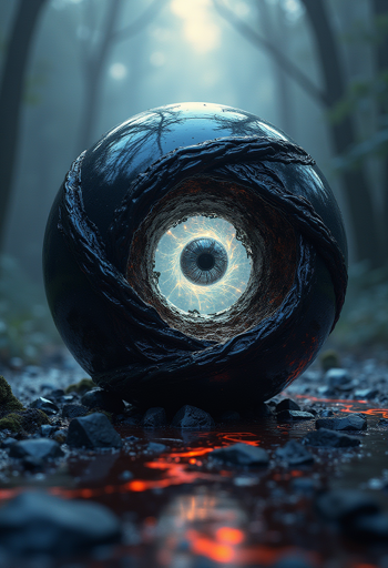 A mysterious spherical object with a rough, dark exterior, resembling cracked and weathered stone. At the center of the sphere is an eye-like structure, glowing with intricate patterns that resemble lightning bolts. The sphere is situated on wet, mossy dark stones in a misty forest, with tall, shadowy trees in the background. There are glowing red streaks on the ground, suggesting the presence of a hidden source of energy beneath the surface. 