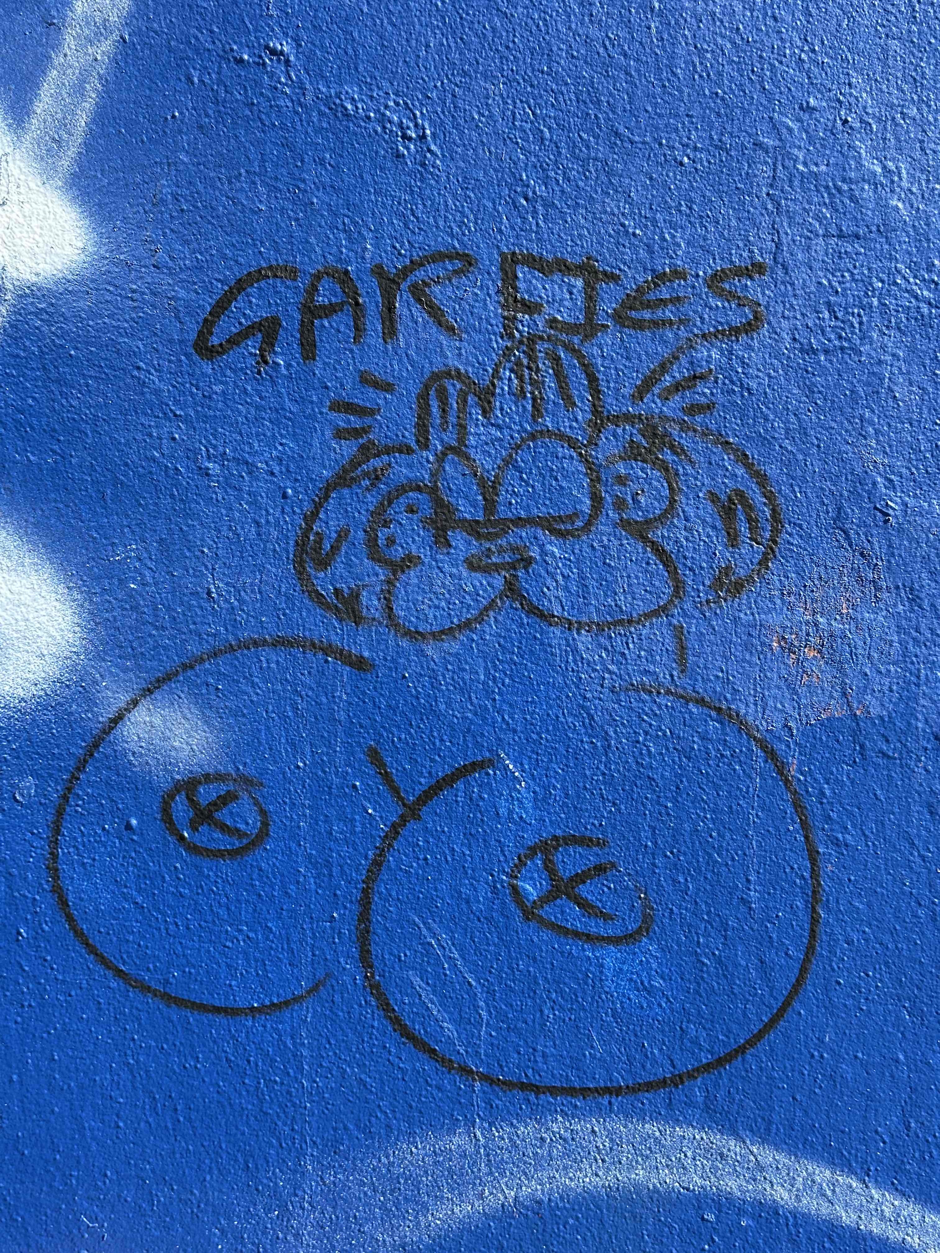 graffiti drawing in black marker on a blue wall of Garfield with huge breasts, captioned "GARFIES"