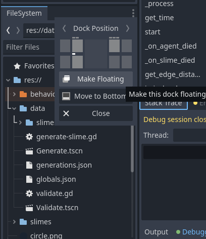 The filesystem dock in godot with the three dots hit and it showing the mouse over the Make Floating button