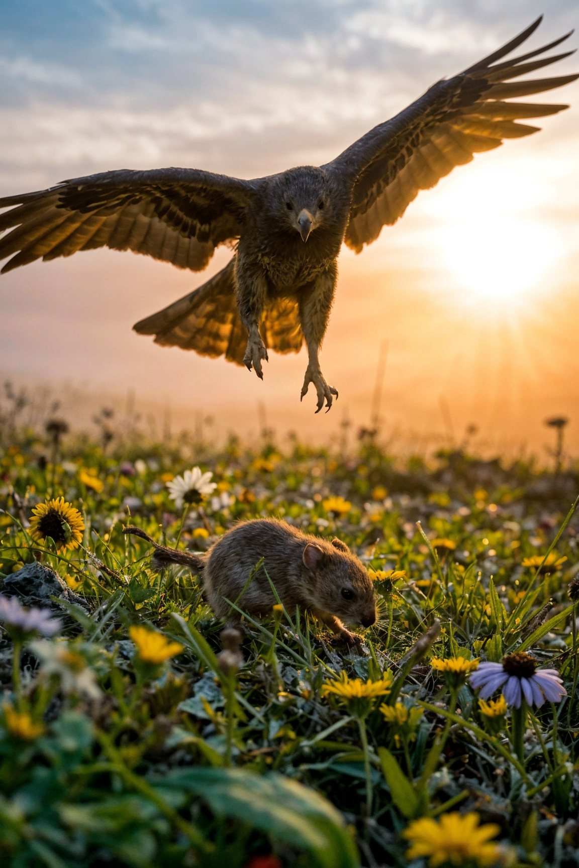 A dynamic scene in a field of wildflowers at sunset, with the sun low on the horizon. In the foreground, there is a small rodent foraging in a field among flowers. Dominating the upper part of the image is a large bird of prey, with its wings fully extended and talons outstretched as it descends toward its target on the ground. 