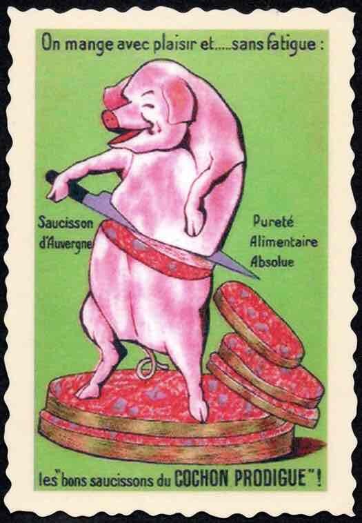 A commercial illustration of a pig slicing itself with a knife, its cross-section being salami, with text in French