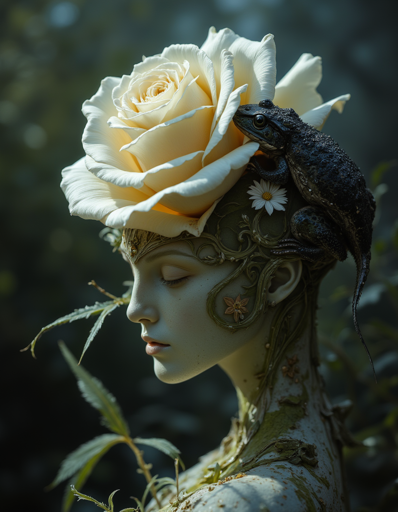 A large white rose blooms atop the head of a creature that appears to be part human and part tree. Perched on the creature's head is a dark, frog-like animal. The figure's body is adorned with intricately patterned vines, and small flowers nestled among the foliage. The background is a soft, blurred forest setting, enhancing the mystical atmosphere of the image. 