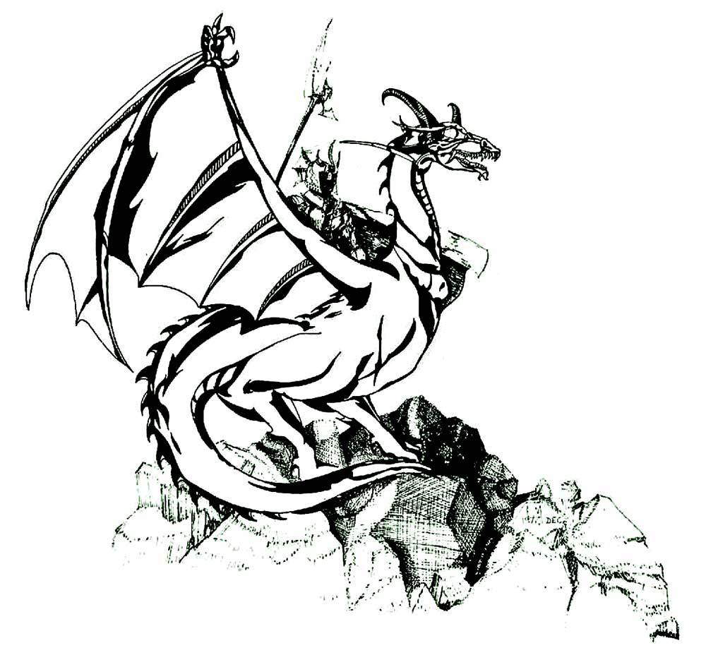 A black and white drawing of a heavily armored figure riding top a dragon perched on some rocks. The armored figure appears to have a large staff or poleaxe.