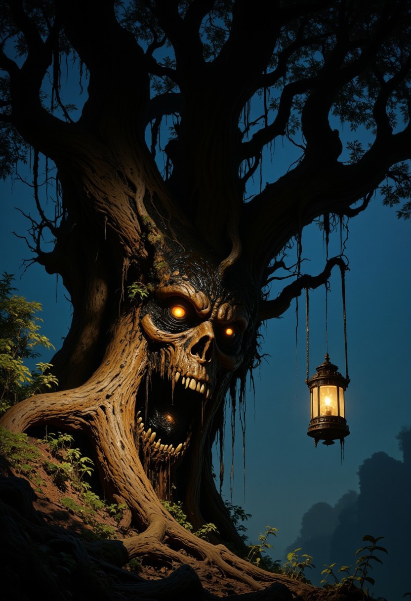 A large, gnarled tree with a menacing appearance with deep-set eyes glowing orange and a wide, grimacing mouth. Hanging from one of its branches is an old-fashioned lantern emitting a soft light, which contrasts with the dark, moody atmosphere of the surrounding forest. The background is shrouded in fog, enhancing the eerie and mysterious ambiance of the scene.