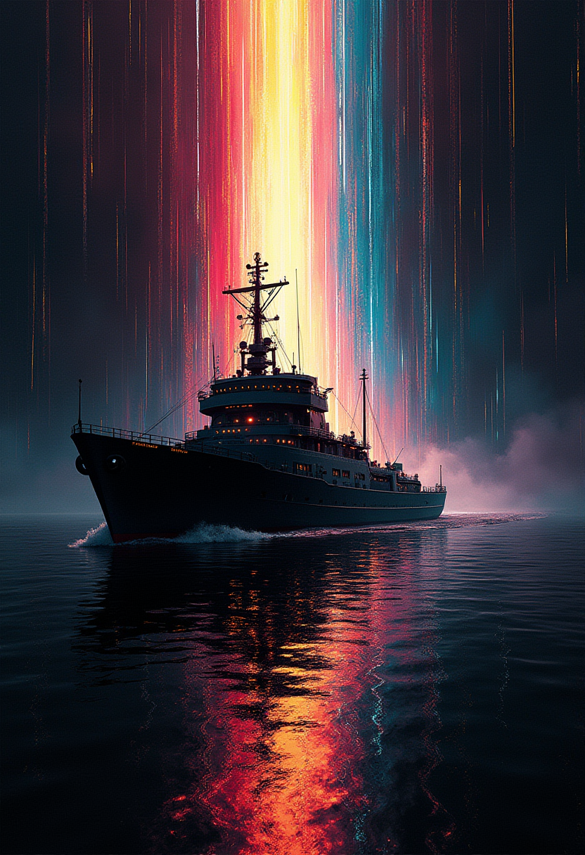 A large ship sailing on calm waters at night, with an extraordinary phenomenon occurring in the sky above. The sky is filled with vertical streaks of light, displaying a vibrant spectrum of colors. The ship is illuminated from above by these lights, casting a reflection on the water’s surface which mirrors the colorful display in the sky.