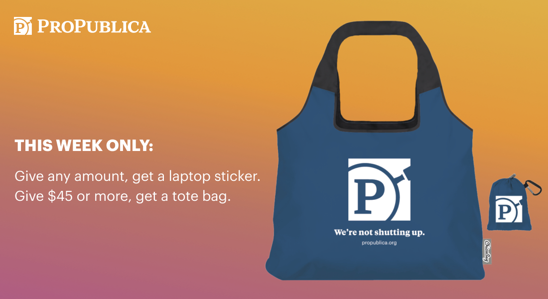 Text on graphic - This week only: Give any amount, get a laptop sticker. Give $45 or more, get a tote bag. Imagery on graphic - A large blue tote bag with the ProPublica logo and "We're not shutting up" emblazoned on it is featured on the right side. Next to it is a small blue drawstring bag with the ProPublica logo.