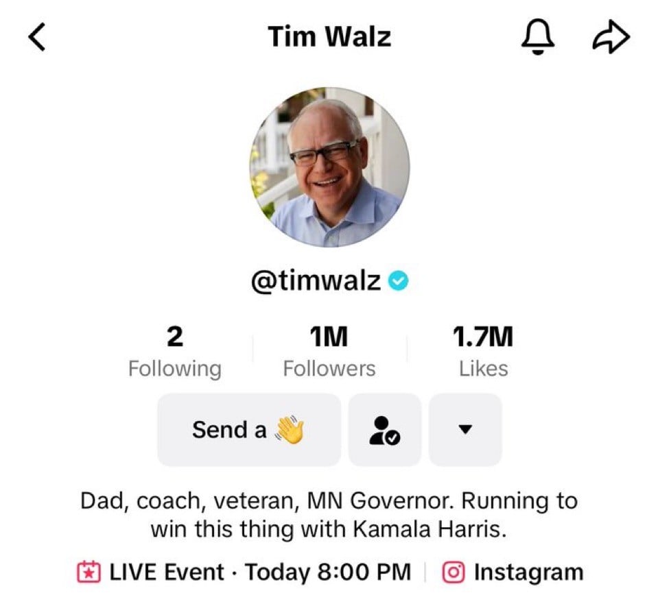 <
Tim Walz
@timwalz O
1M
Followers
2
Following
1.7M
Likes
Send a
Dad, coach, veteran, MN Governor. Running to
win this thing with Kamala Harris.
LIVE Event • Today 8:00 PM
Instagram